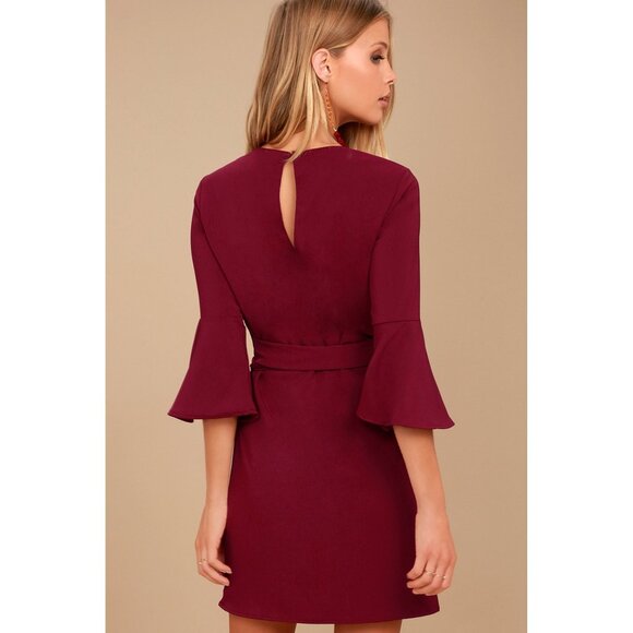 Lulus Womens Last Love Song Burgundy Tie Waist Dress Bell Sleeves size Small - Picture 3 of 14